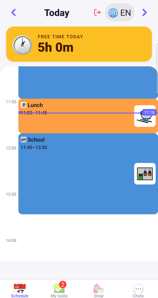 The child’s schedule: Lunch and School as blocks with pictures, and a line marking the current time.