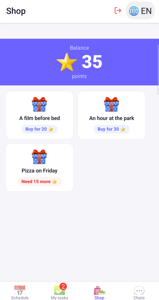 The rewards screen: a balance of thirty-five points and three rewards, one of which needs fifteen more points.