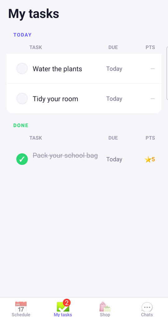 The tasks screen: two tasks still to do, and one completed task crossed out, worth five points.
